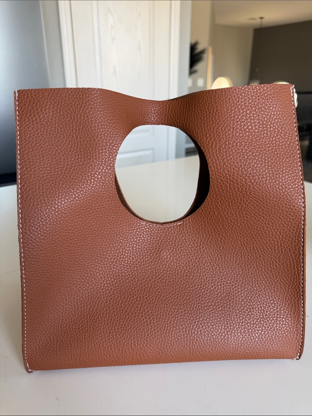 Minimal Pebbled Tote in Cognac Brown with Cutout Handle